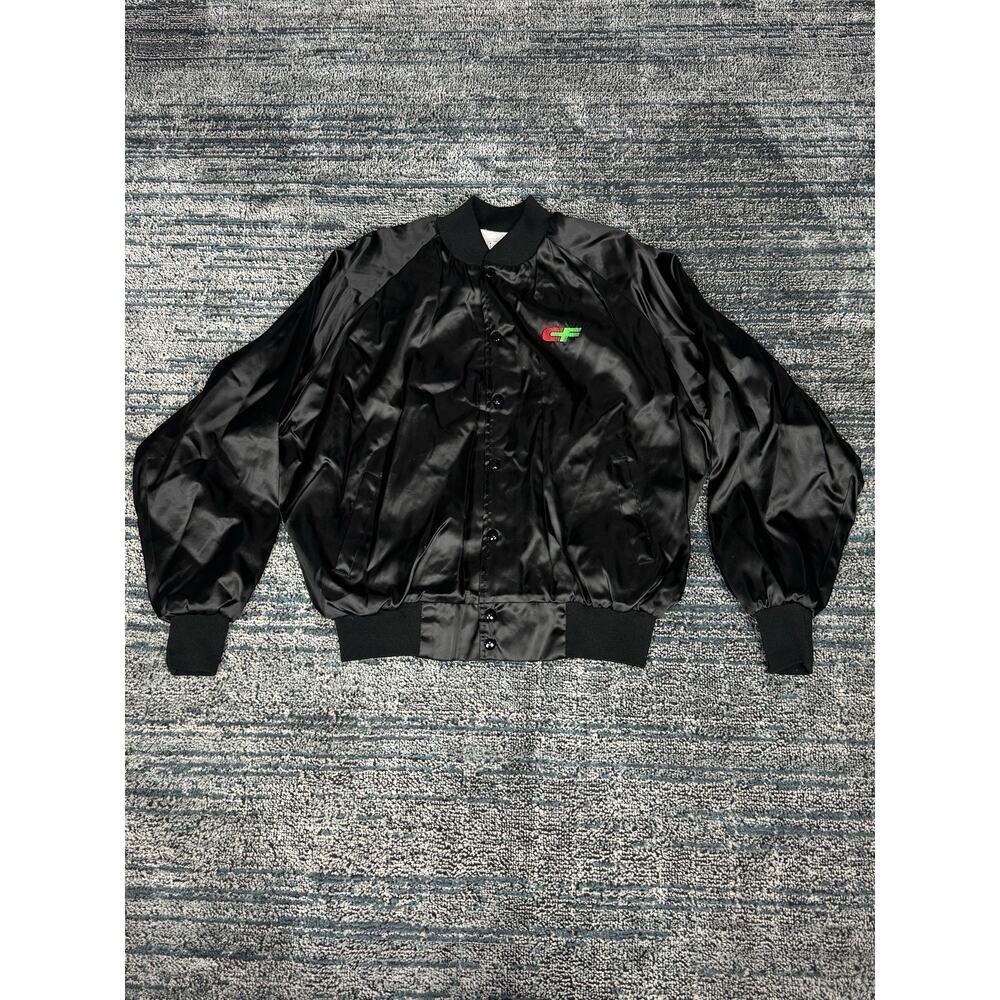 Vintage Silky Satin Embroidered CF Trucker Bomber Jacket L